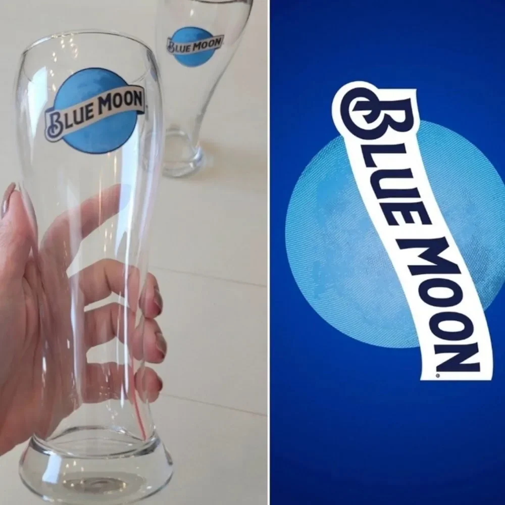 Blue Moon Wheat Beer 16 Oz 2 Glasses Clear Blue Logo 8 In Tall 2 1/2 In Round